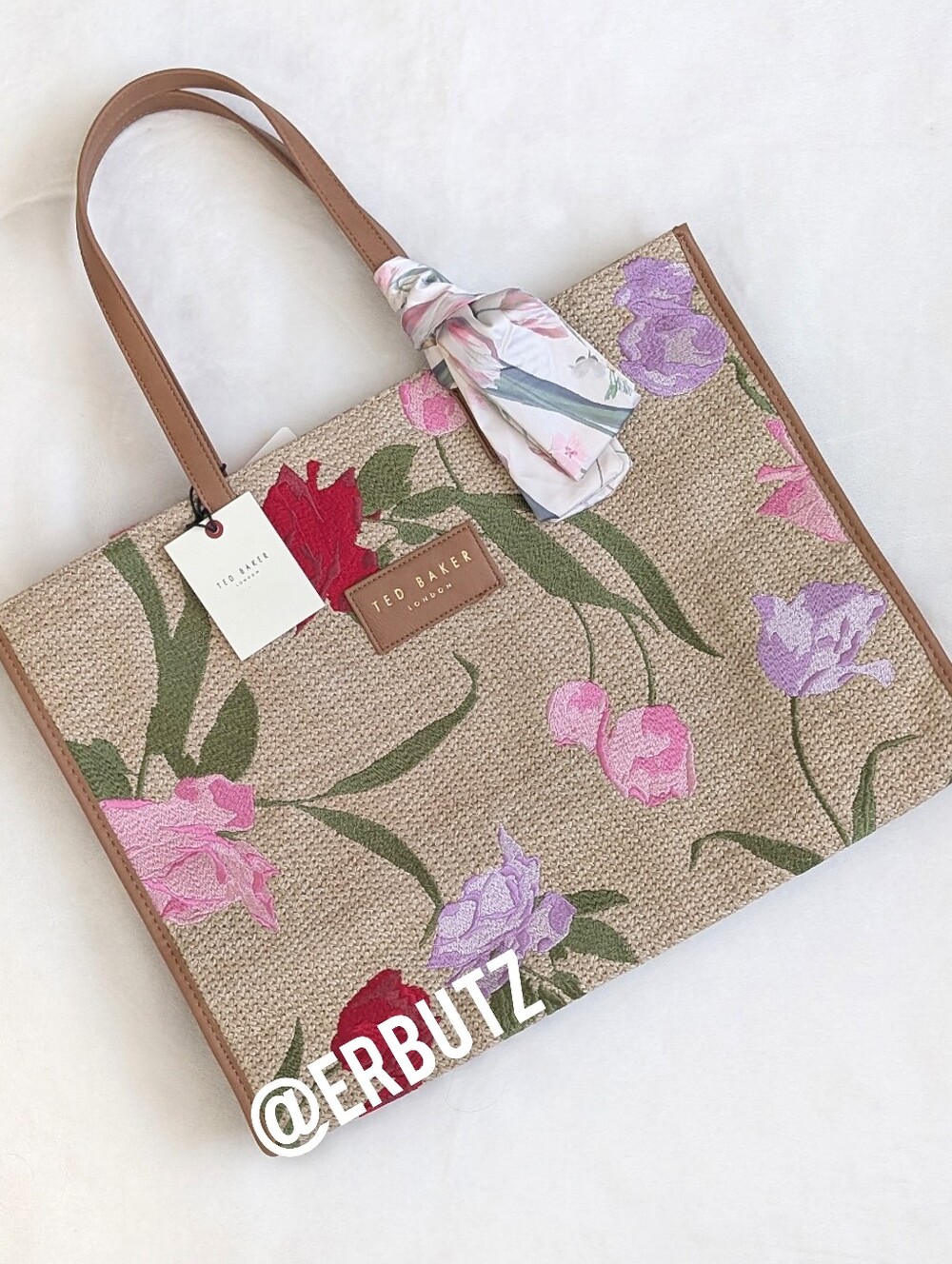 Ted Baker Woven Palmer Tote with Embroidered Logo Patch + Free Floral Scarf 🧣
